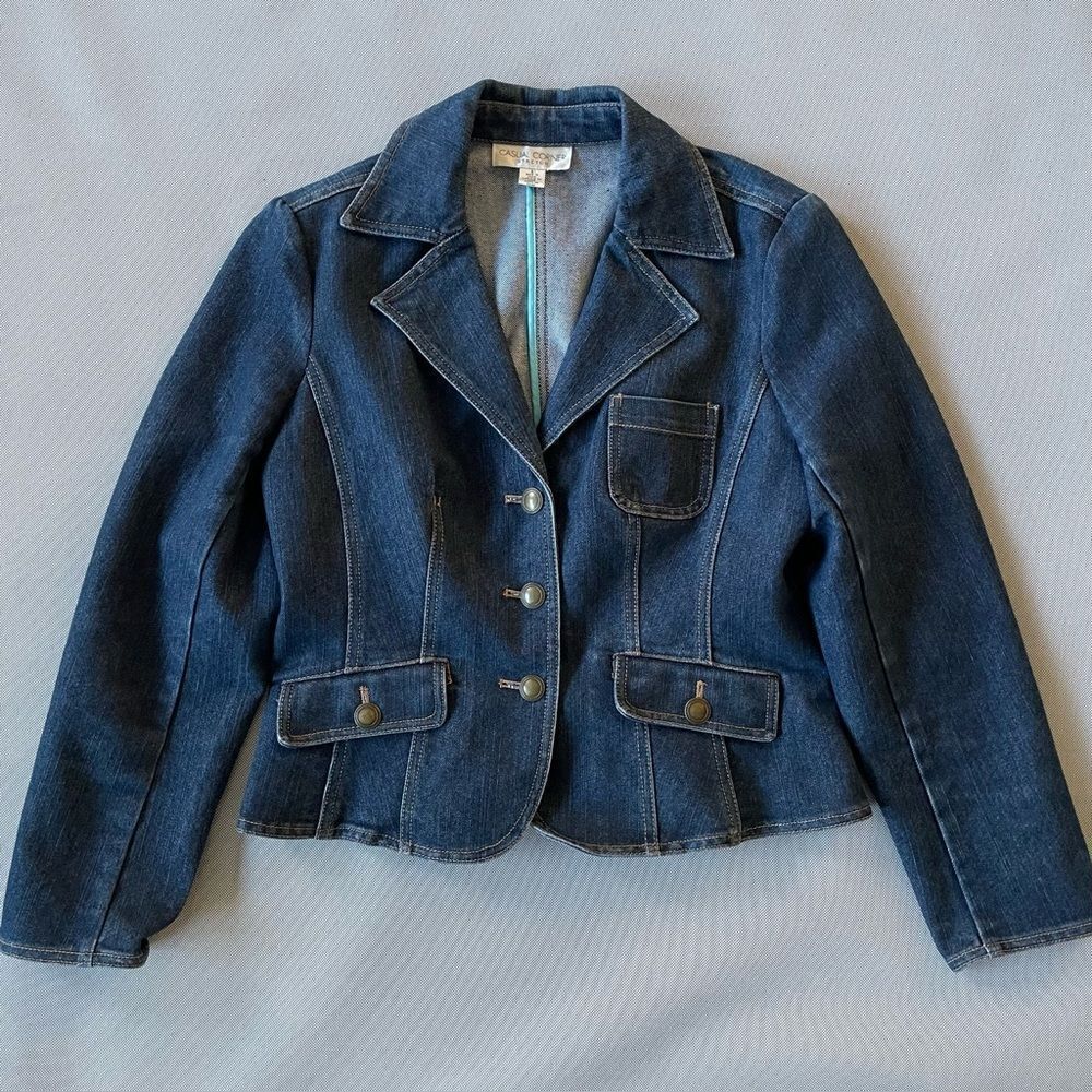 Casual Corner Fitted Dark Denim Jean Blazer Jacket Women’s Size 8 EUC